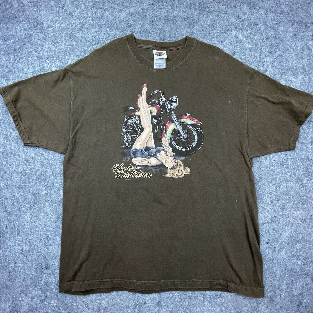 Harley Davidson Shirt XL Brown Pin-Up Girl Mechanic Antelope Valley California‎